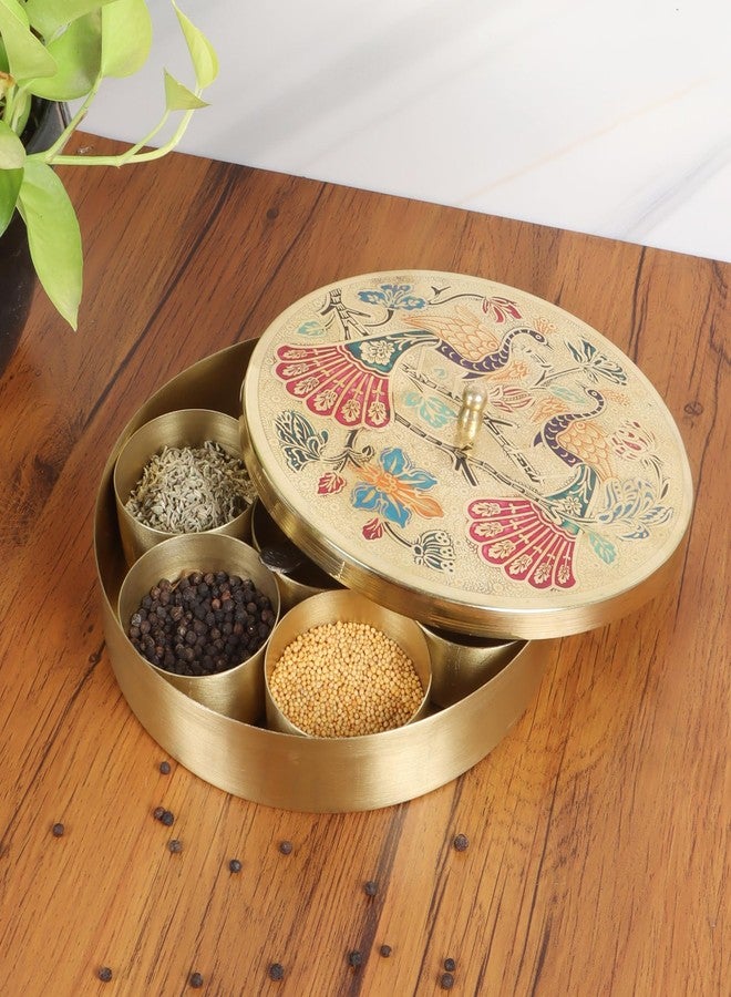 Two Moustaches 8 Inches Twin Peacock Carved Brass Spices Box Set, Brass Masala Box for Kitchen, Housewarming Gifts, 7 Containers & 1 Spoon, Multicolored, Pack of 1 - Image 1